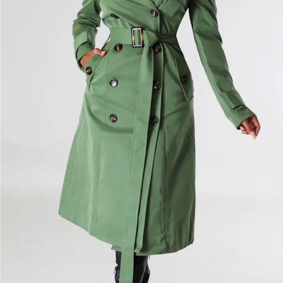 Olive Puff Sleeve Trench Coat - Picture 4 of 7